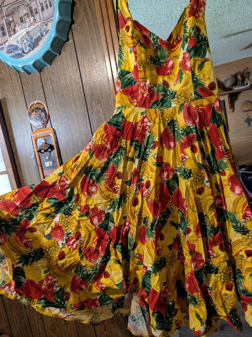 British Retro Vibrant Yellow Tropical Print Sundress